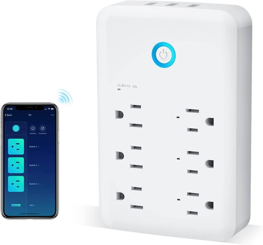 [GHS-EXT6] EXTENSOR DE SALIDA DE ENCHUFE INTELIGENTE, PROTECTOR DE SOBRETENSIONES USB, 6 SALIDAS CONTROLADAS INDIVIDUALMENTE Y 3 PUERTOS USB, ENCHUFE WIFI FUNCIONA CON ALEXA GOOGLE HOME, TEMPORIZADOR DE TOMA, ADAPTADOR DE PARED, WI-FI DE 2.4 GHZ, 15A/1800 W